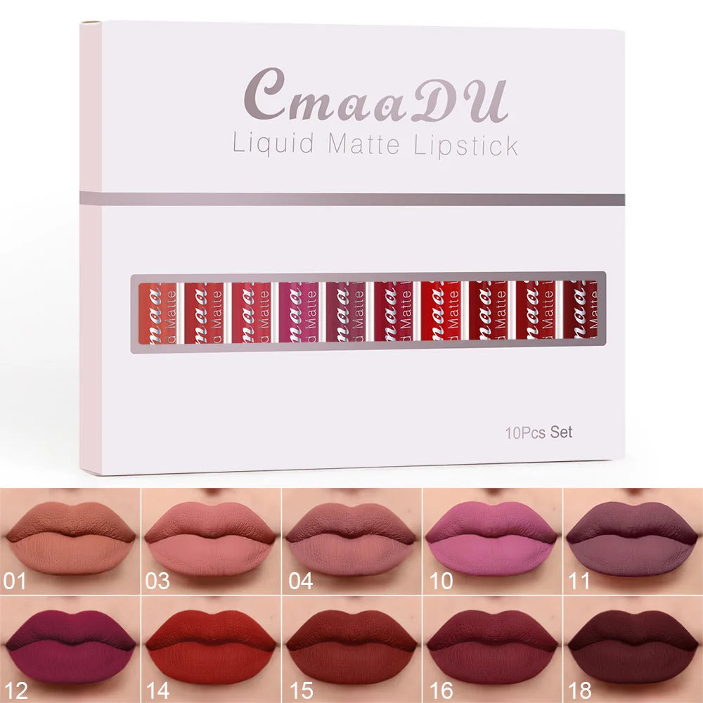 CmaaDu 10pcs/set velvet matte durable waterproof easy color non-stick cup texture silky saturation high lip gloss