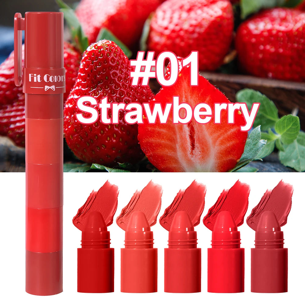5-in-1 Fruit Velvet Matte Lipstick Set, Long-Lasting, Highly Pigmented, Moisturizing Lip Balm, Smooth Application for Soft lips