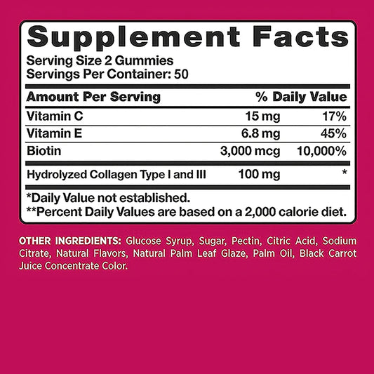 Natural Biotin Gummies - Supports Hair, Skin, Nails & Collagen, Dietary Supplement, Antioxidant - 100 Gummies