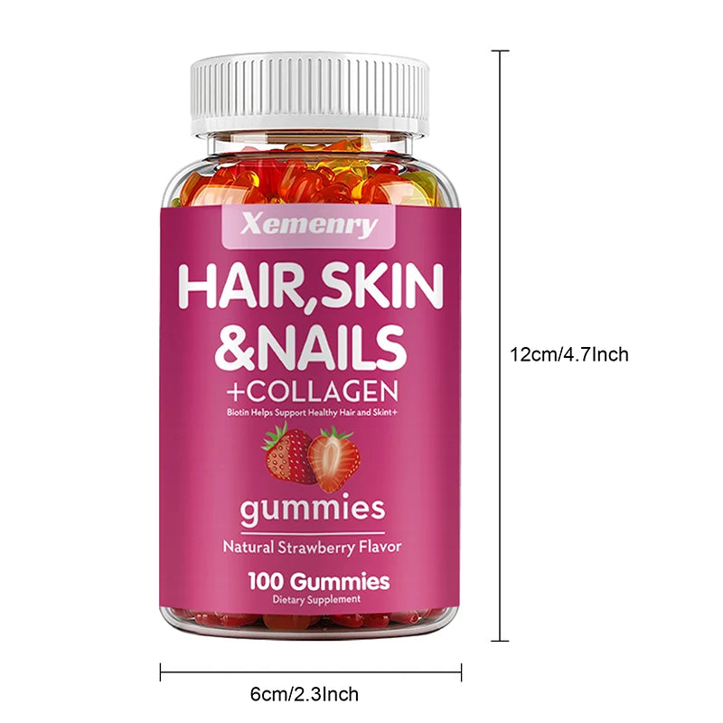 Natural Biotin Gummies - Supports Hair, Skin, Nails & Collagen, Dietary Supplement, Antioxidant - 100 Gummies