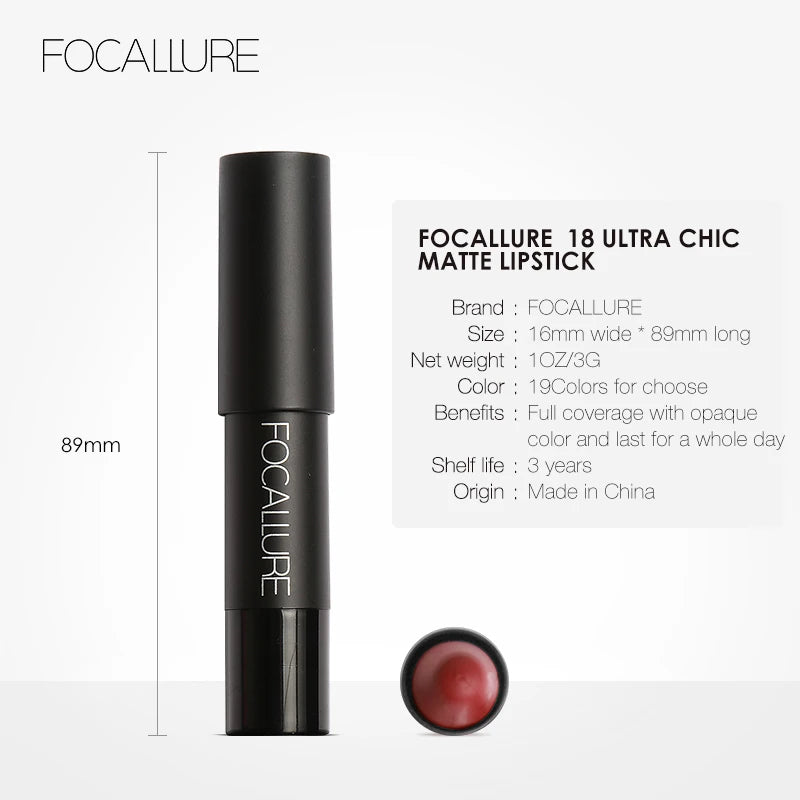 Focallure Matte Lipstick 19 Colors Long-Lasting Waterproof Soft Texture Lipstick Set Red & Nude Shades Cosmetic Glam Batom