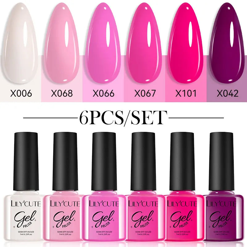 LILYCUE 6Pcs/Set Red Nude Glitter Gel Nail Polish Gorgeous Full Coverage Soak Off UV Gel Nail Art Base Top Coat Gel Polish Kits