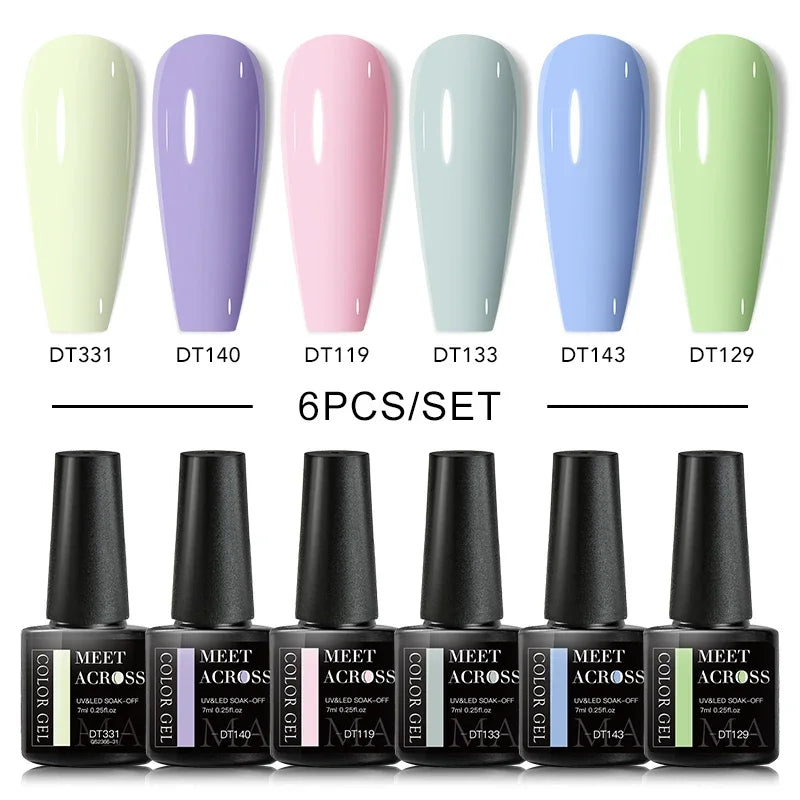 MEET ACROSS 6Pcs Gel Nail Polish Set Pink Red Green Macaron Color Manicure Kit For Nails UV Gel Nail Art Varnish Nail Supplies