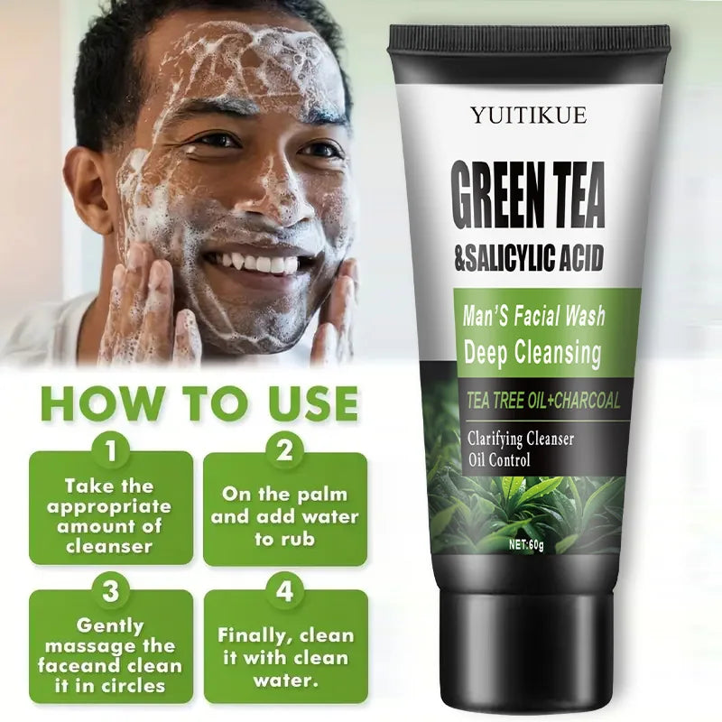 Men's Facial Wash 60g - Green Tea & Salicylic Acid, Deep Cleansing & Oil Control, with Tea Tree Oil & Charcoal, for Oily Skin