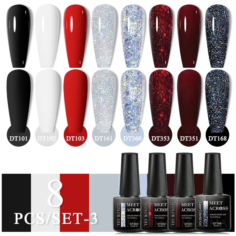 MEET ACROSS 8Pcs/Set Glitter Red Pink Orange Gel Nail Polish Semi Permanent Soak Off UV Gel Varnish Nail Art Manicure Kit