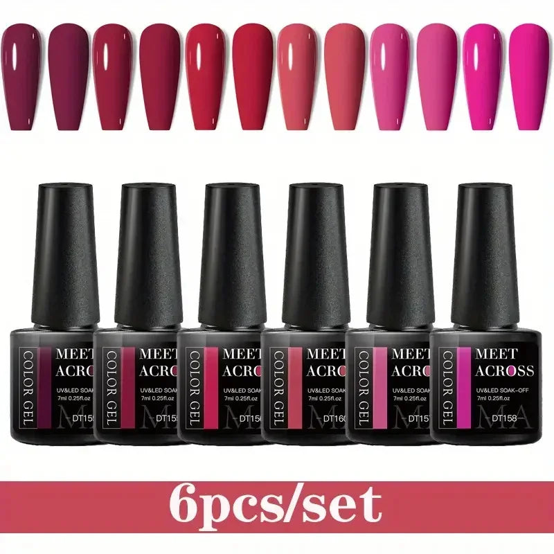 MEET ACROSS 6Pcs Gel Nail Polish Set Pink Red Green Macaron Color Manicure Kit For Nails UV Gel Nail Art Varnish Nail Supplies