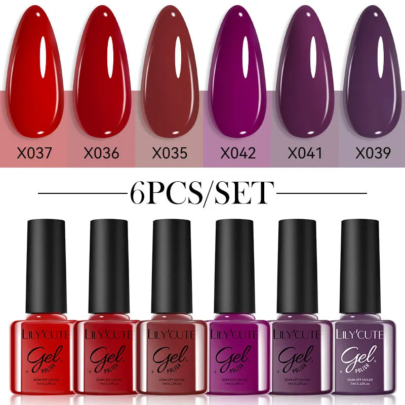 LILYCUE 6Pcs/Set Red Nude Glitter Gel Nail Polish Gorgeous Full Coverage Soak Off UV Gel Nail Art Base Top Coat Gel Polish Kits