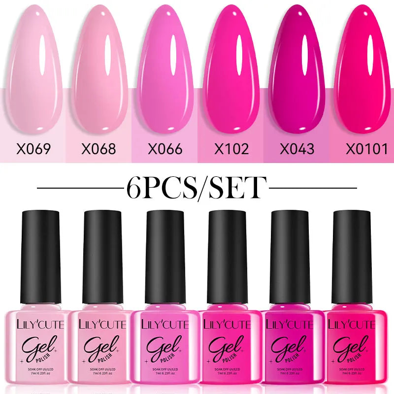 LILYCUE 6Pcs/Set Red Nude Glitter Gel Nail Polish Gorgeous Full Coverage Soak Off UV Gel Nail Art Base Top Coat Gel Polish Kits
