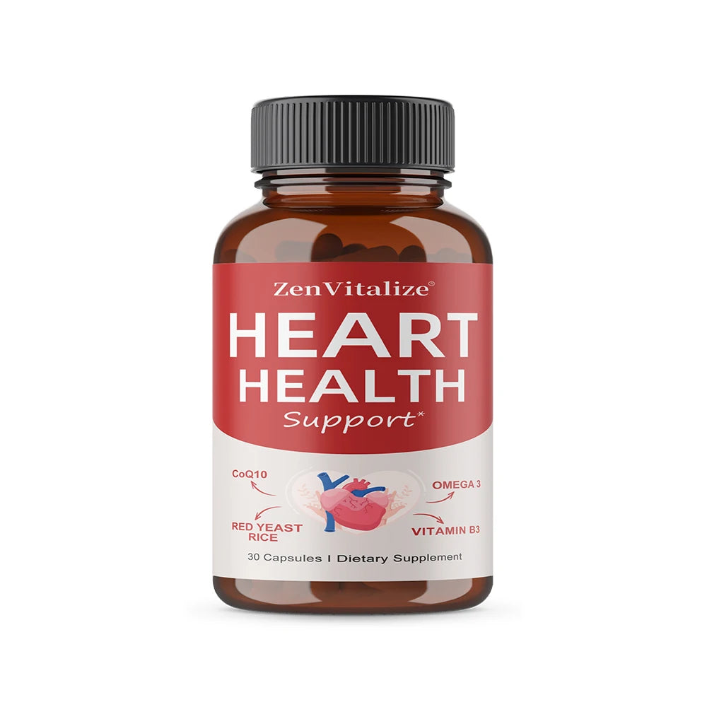 Heart Health Support Supplement - CoQ10, Omega 3, Red Yeast Rice, Vitamin B3, Promotes Healthy Cholesterol Levels - Non-GMO