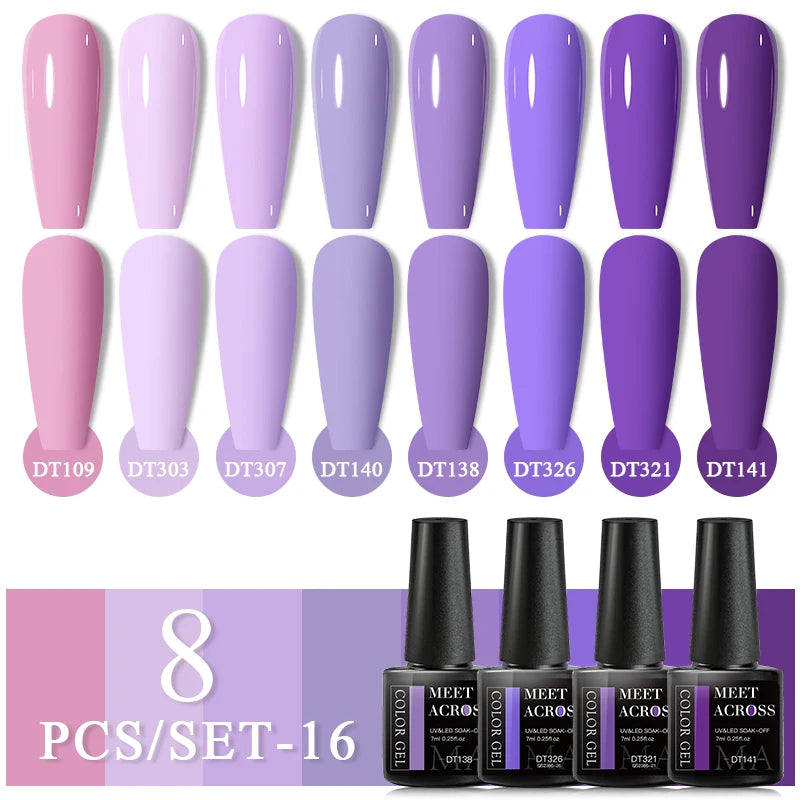 MEET ACROSS 8Pcs/Set Glitter Red Pink Orange Gel Nail Polish Semi Permanent Soak Off UV Gel Varnish Nail Art Manicure Kit