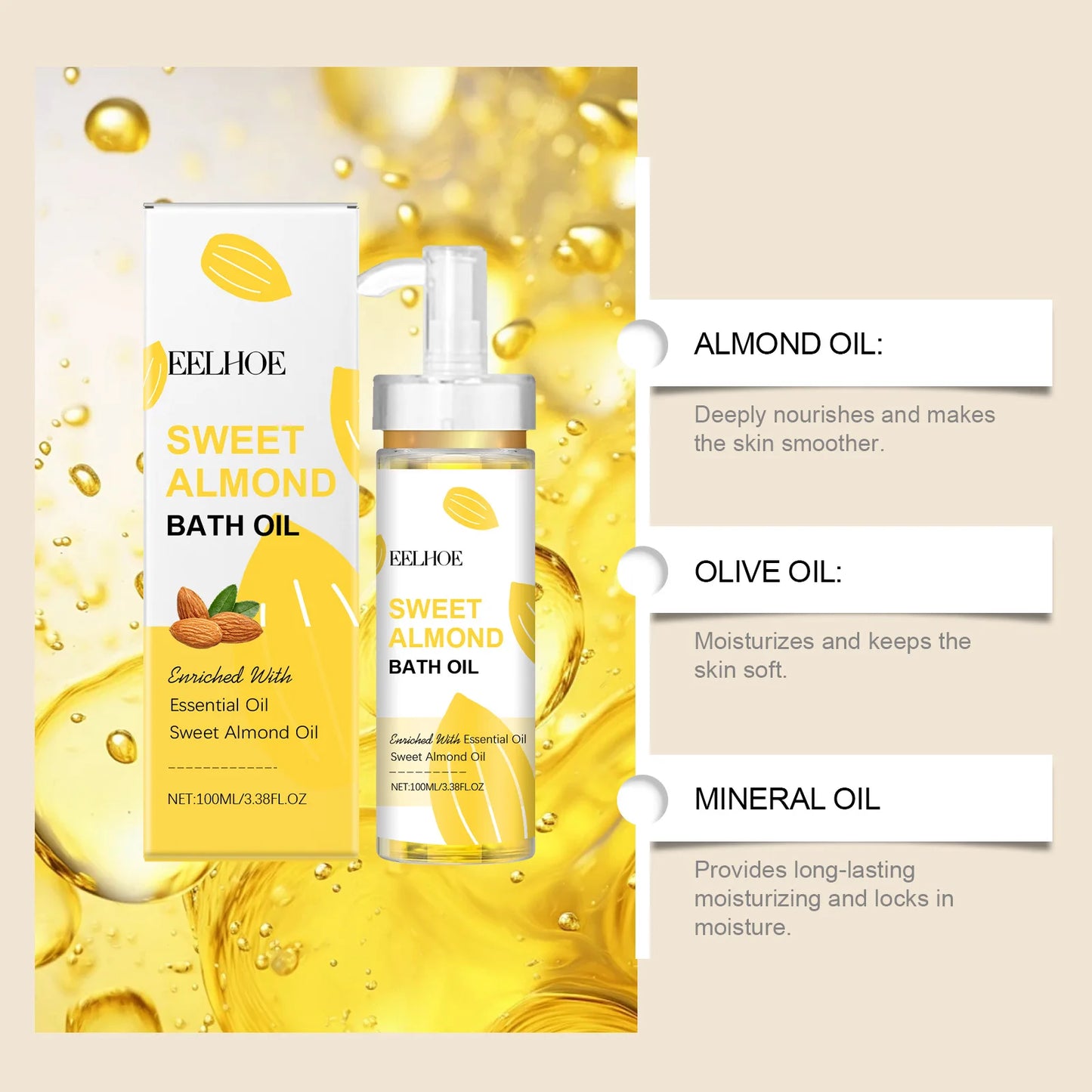 EELHOE Sweet Almond Oil for Bath Exfoliator Shower and Body Cleaning Brightening Skin Care Products Nourish Bath Essential Oil
