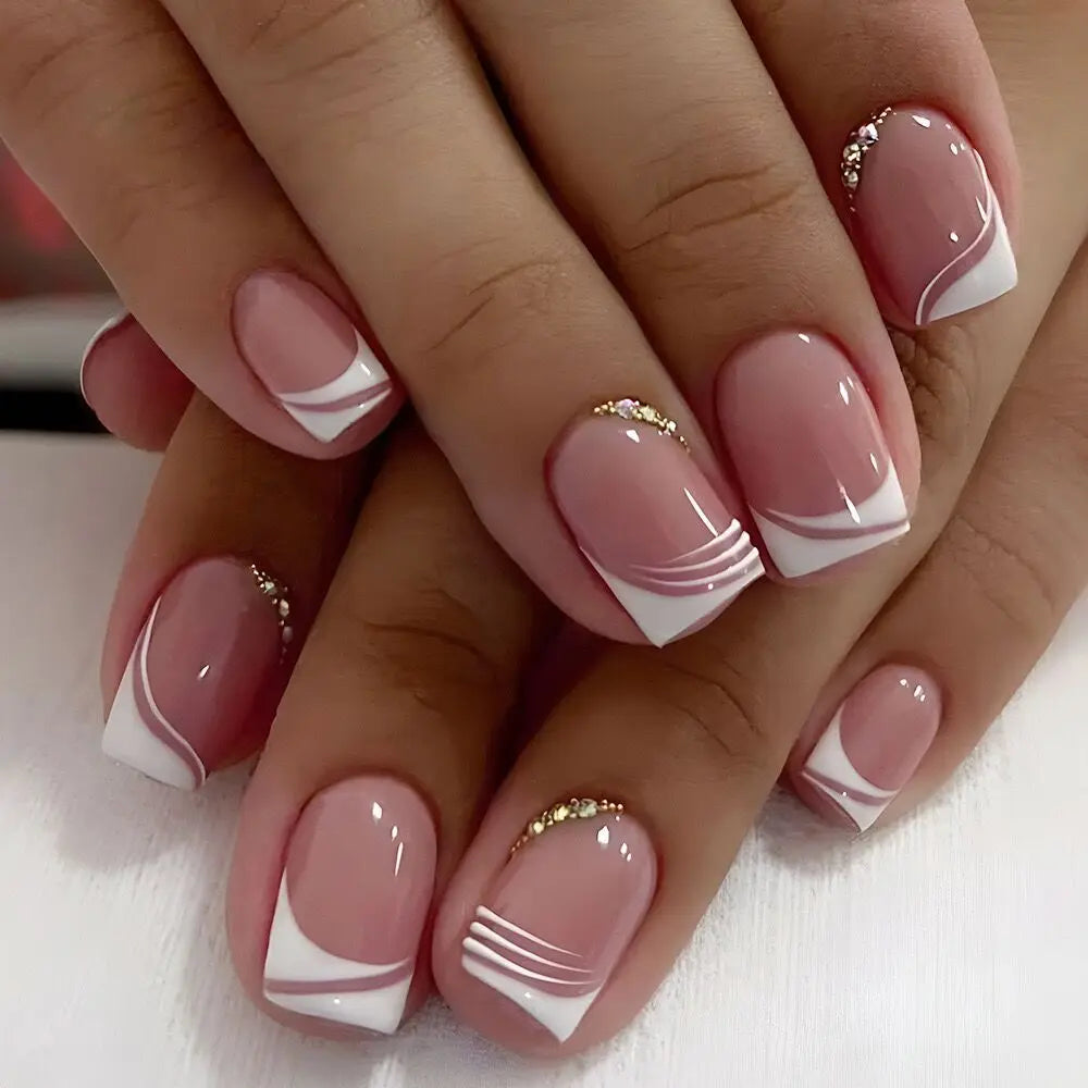 24pcs/set short square fake nails for women cute bride heart white french tips faux ongles y2k press on false nail supplies