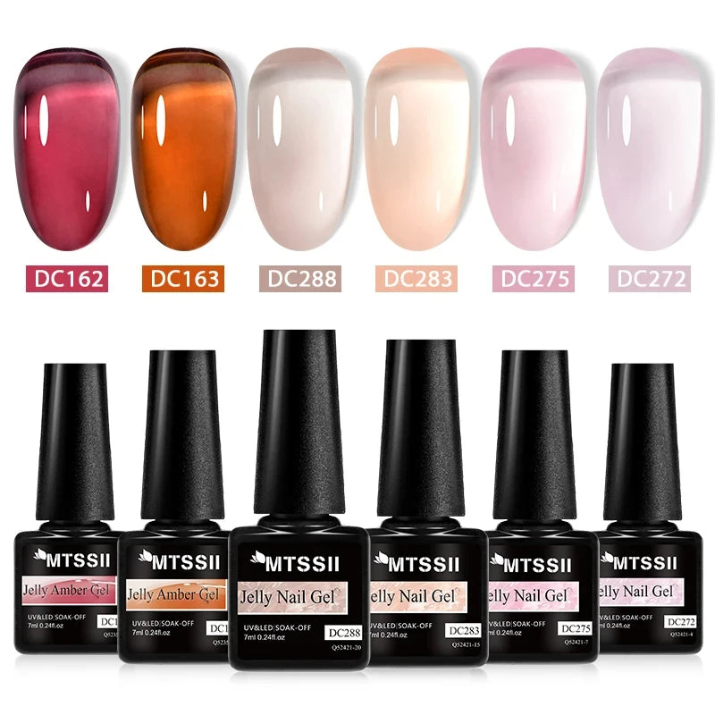 MTSSII 6Pcs/Set Jelly Gel Nail Polish Jelly Transparent Pink Green Black Blue UV Gel Nail Art Varnish Kit Spring Manicure Nails