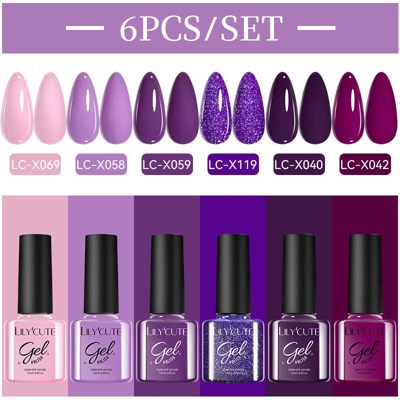 LILYCUE 6Pcs/Set Red Nude Glitter Gel Nail Polish Gorgeous Full Coverage Soak Off UV Gel Nail Art Base Top Coat Gel Polish Kits