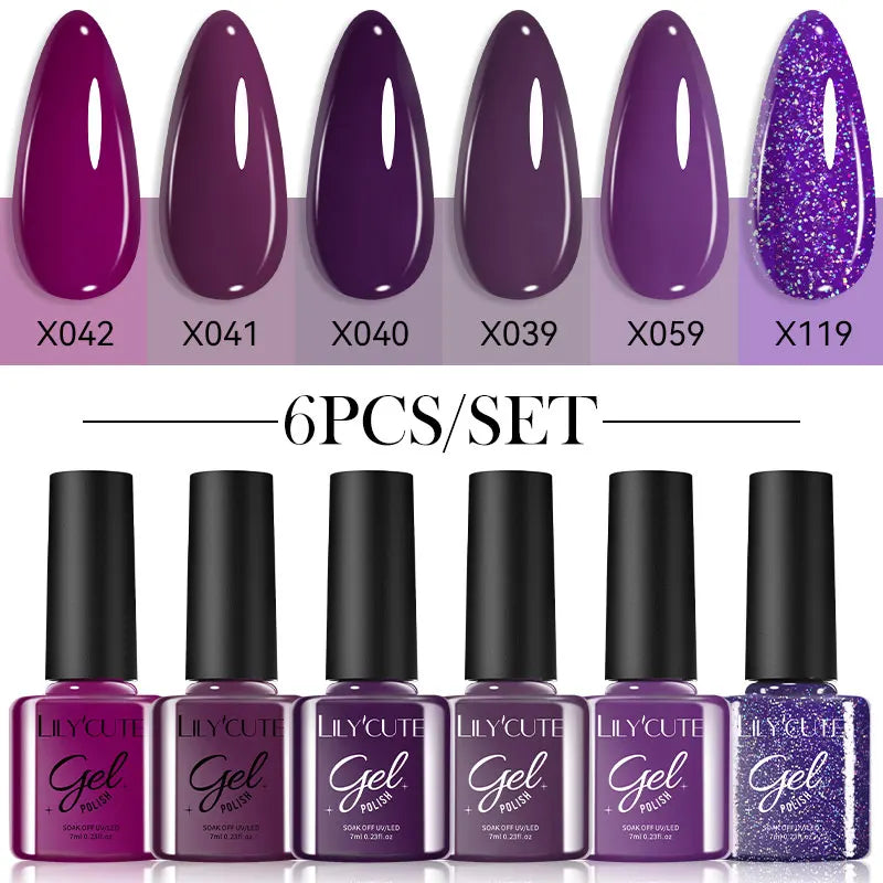 LILYCUE 6Pcs/Set Red Nude Glitter Gel Nail Polish Gorgeous Full Coverage Soak Off UV Gel Nail Art Base Top Coat Gel Polish Kits