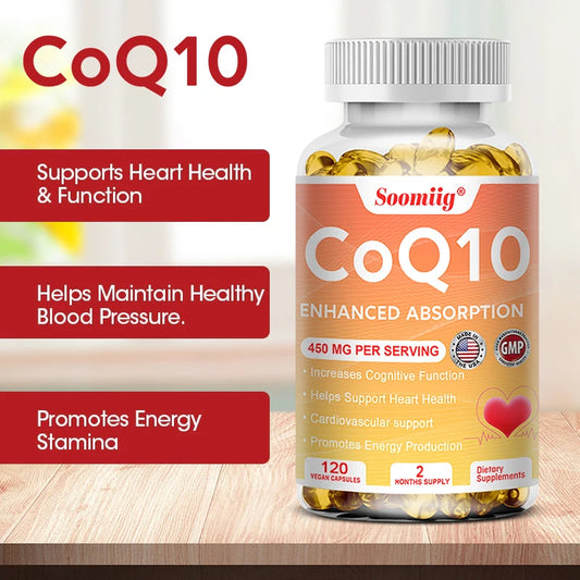 120pcs Q10 Coenzyme 450mg Capsules Cardiovascular and Heart Health Energy Vitamins Beauty and Health, Promote Blood Circulation