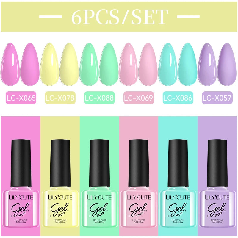 LILYCUE 6Pcs/Set Red Nude Glitter Gel Nail Polish Gorgeous Full Coverage Soak Off UV Gel Nail Art Base Top Coat Gel Polish Kits