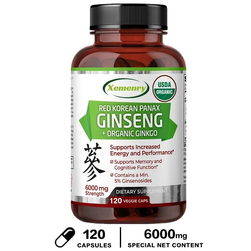 Korean Red Panax Ginseng + Ginkgo Biloba Capsules Increases Energy, Mood, Stamina & Performance, Supports Mental Health