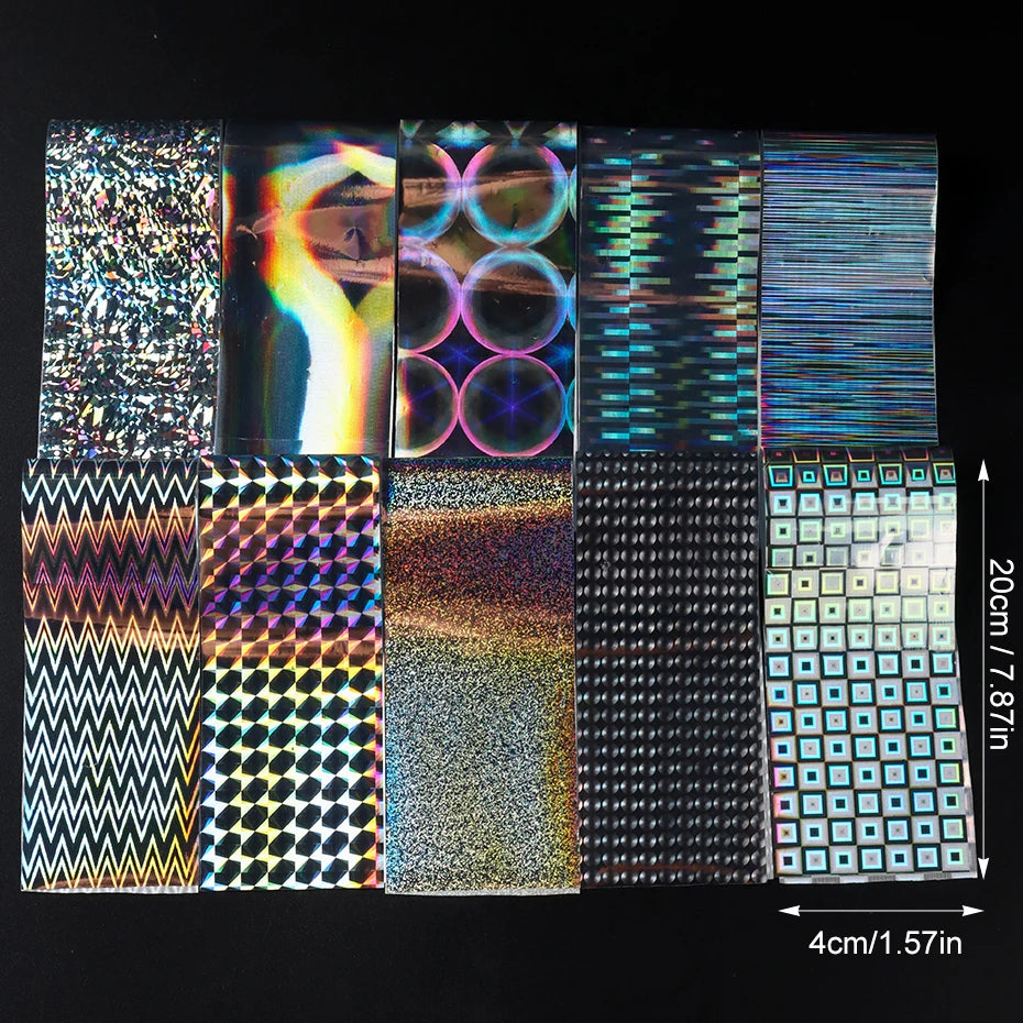 10pcs Holographic Chrome Silver Nail Art Foil Transfer Stickers Irridescent Rainbow Geometric Aurora Laser Nail Foils Decoration