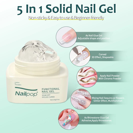 Nailpop Solid Nail Glue Gel for Acrylic Nails Tips - Sculpting & Rhinestone Adhesive UV Gel Strong Adhesion Long-Lasting 20g