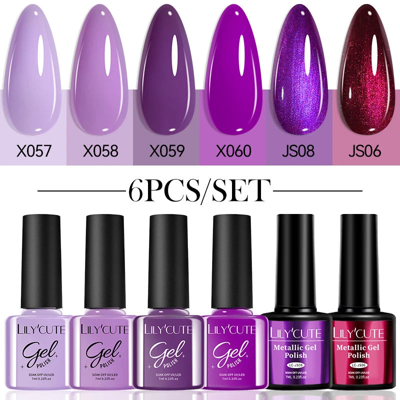 LILYCUE 6Pcs/Set Red Nude Glitter Gel Nail Polish Gorgeous Full Coverage Soak Off UV Gel Nail Art Base Top Coat Gel Polish Kits