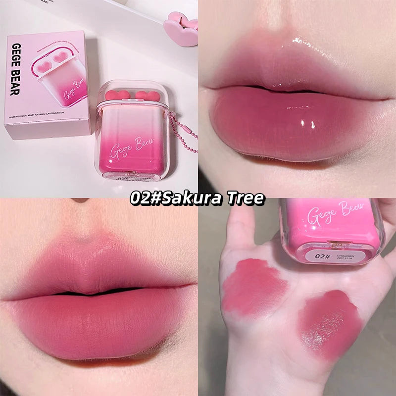 GEGE BEAR Heart-beating Water Gloss Velvet Matte Lip Glaze Combination Two-pack Mirror Matte Headphone Shaped Pendant Lip Glaze