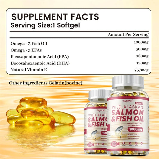 Salmon Fish Oil - Supports Brain and Nervous System, Cardiovascular and Skin Health, Antioxidant, Memory Enhancement