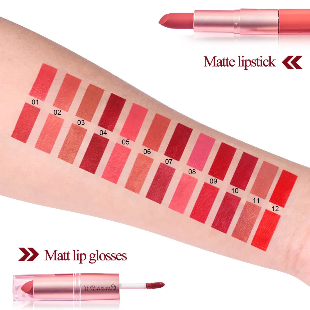 Double Ended Matte Lipstick Waterproof Nude Matte Velvet Glossy Lip Gloss Lip Balm Sexy Red Lip Tint Women Fashion Makeup Gift