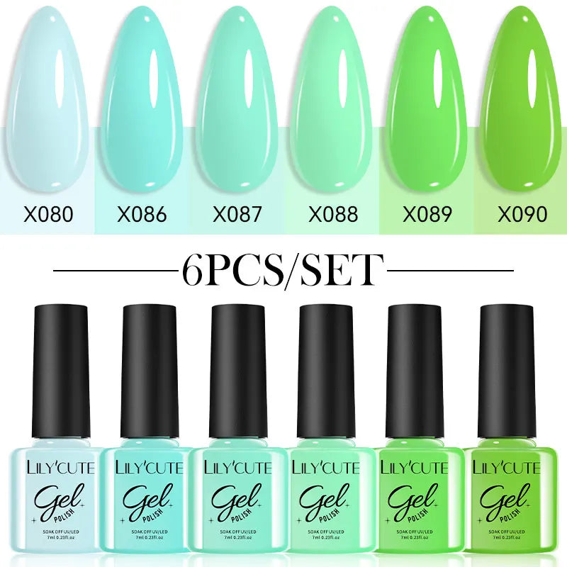 LILYCUE 6Pcs/Set Red Nude Glitter Gel Nail Polish Gorgeous Full Coverage Soak Off UV Gel Nail Art Base Top Coat Gel Polish Kits