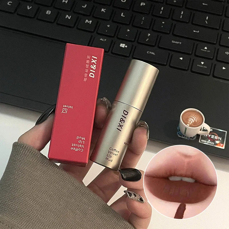 DIXI Mini Silver Tube Matte Lip Glaze — Velvet Finish, Skin-Enhancing, Versatile Low-Saturation Latte Shade