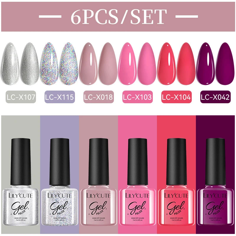 LILYCUE 6Pcs/Set Red Nude Glitter Gel Nail Polish Gorgeous Full Coverage Soak Off UV Gel Nail Art Base Top Coat Gel Polish Kits