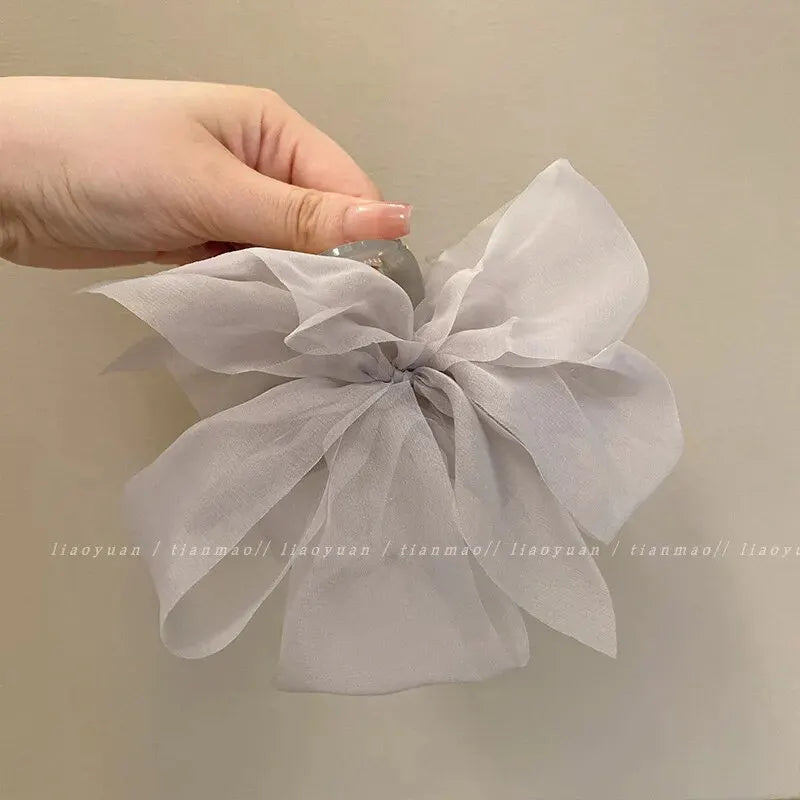 Fashion Mesh Tulle Large Bow Grab Clip Elegant Retro Female Net Yarn Ponytail Braid Claw Clip Hair Accessories Gift Headdress