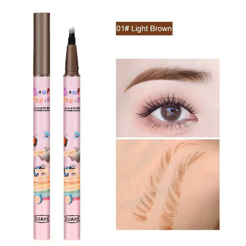 4 Colors Waterproof Eyebrow Pen with 4-Fork Tip – Long-Lasting, Natural Dark Brown Liquid Brow Enhancer