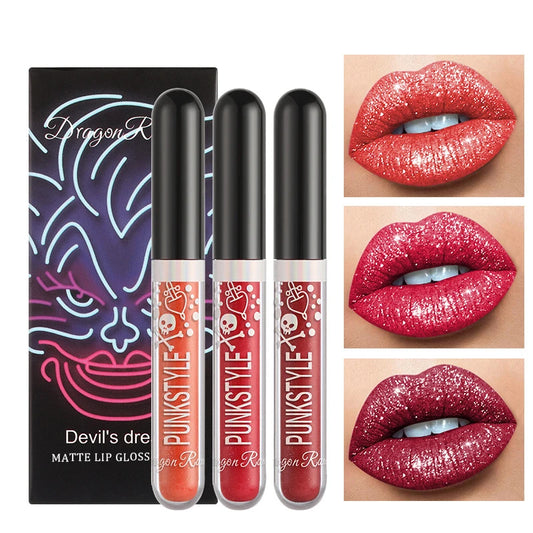 Halloween Lip Gloss Set, 3-Piece Non-Stick Shiny Lipstick, Glittery Purple and Black Lip Colors, Long-Lasting, Non-Transfer