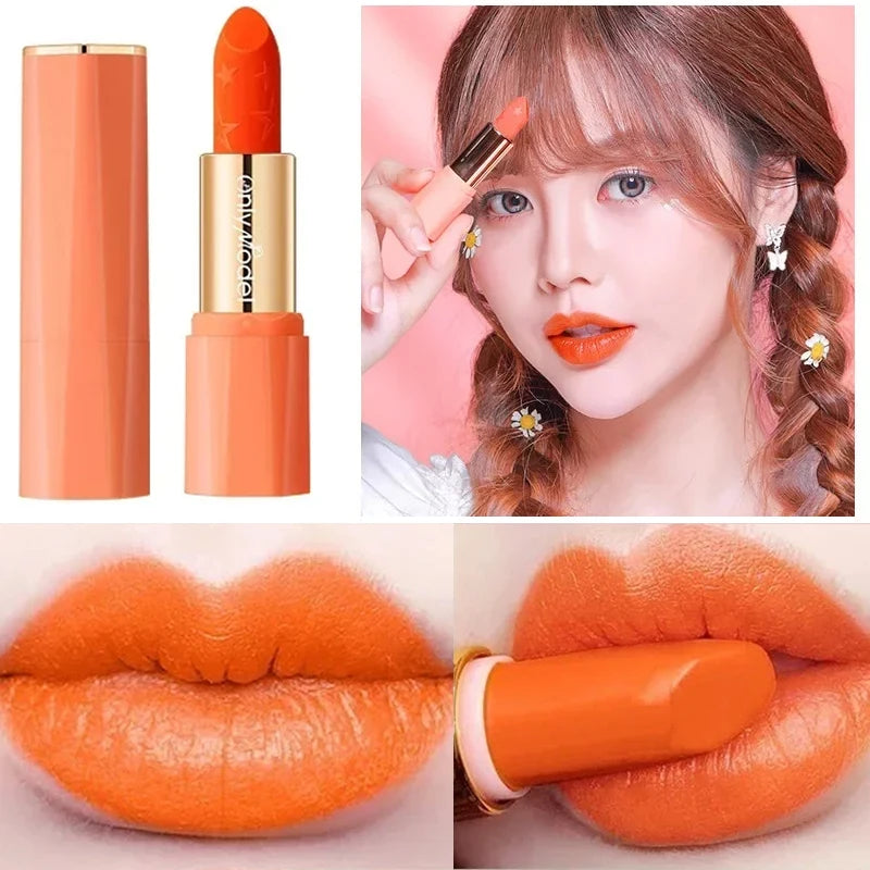 Orange Waterproof Long-Lasting Matte Lipstick – Velvet Lip Tint, Resistant, Moisturizing Cosmetic Lip Makeup for Women