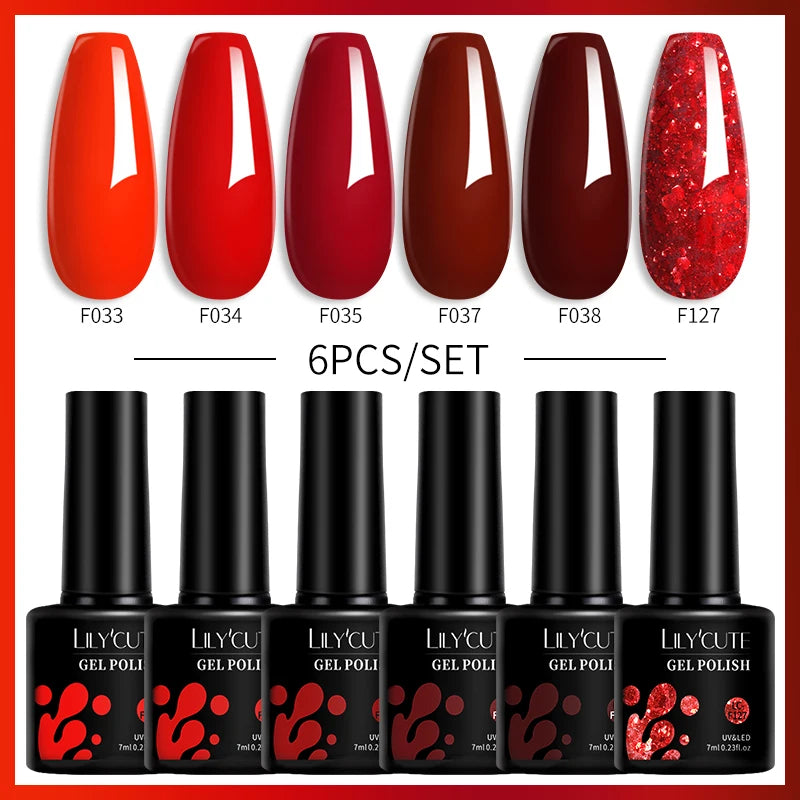 LILYCUE 6Pcs/Set Red Nude Glitter Gel Nail Polish Gorgeous Full Coverage Soak Off UV Gel Nail Art Base Top Coat Gel Polish Kits