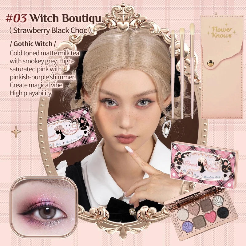 Flower Knows Chocolate Shop Highly Pigmented Eyeshadow Palette Shimmer Matte Glitter Long Lasting Vegan Eye Shadows Cruelty-free