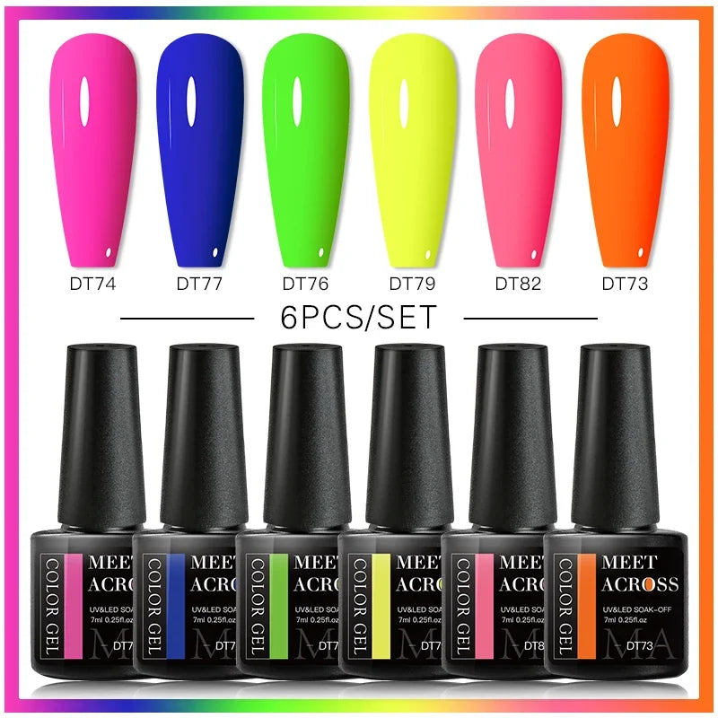 MEET ACROSS 6Pcs Gel Nail Polish Set Pink Red Green Macaron Color Manicure Kit For Nails UV Gel Nail Art Varnish Nail Supplies