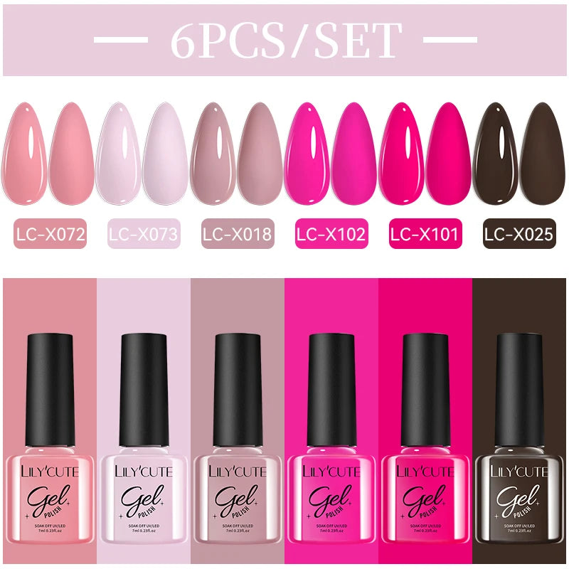 LILYCUE 6Pcs/Set Red Nude Glitter Gel Nail Polish Gorgeous Full Coverage Soak Off UV Gel Nail Art Base Top Coat Gel Polish Kits