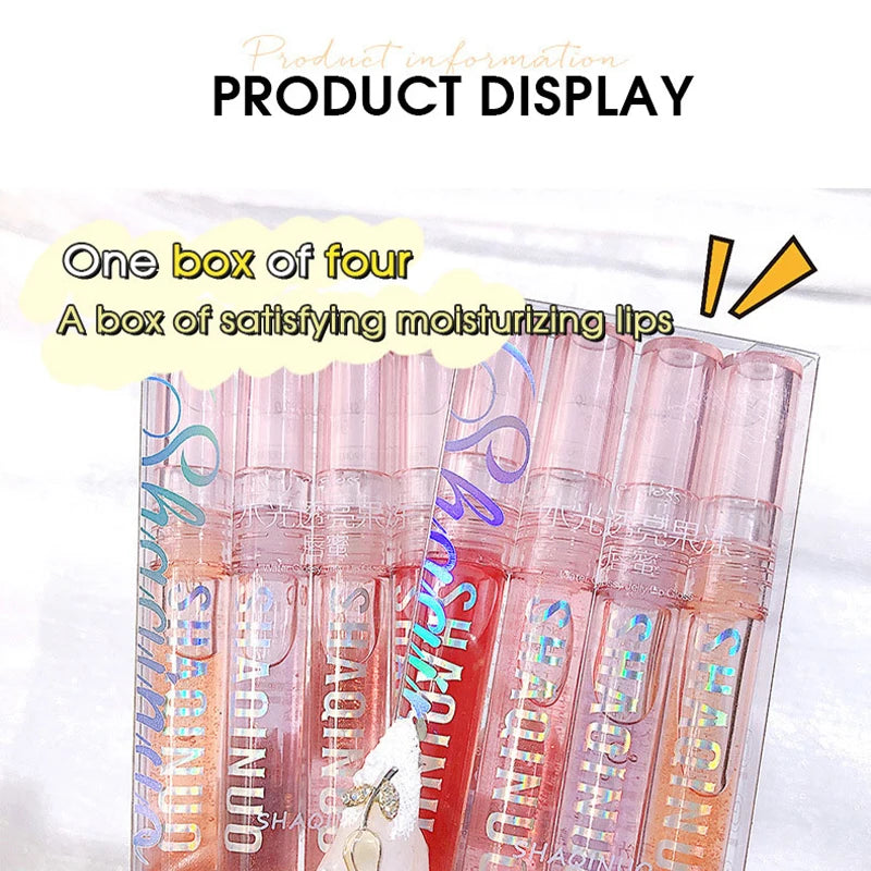 Four pack lip gloss set box, water gloss jelly lip gloss, moisturizing glass lips, not easy to stick to cup