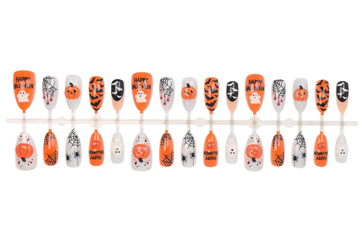 24Pcs 3D Pumpkin Ghost Press On Nails Halloween Almond False Nail Spider Web Bat Blood Design False Nail for Women&Girl