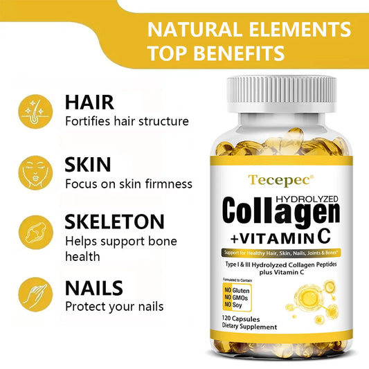Hydrolyzed Collagen Peptides Capsules - with Vitamin C - Support for Healthy Hair, Skin, Nails, Joints & Bones,Antioxidants