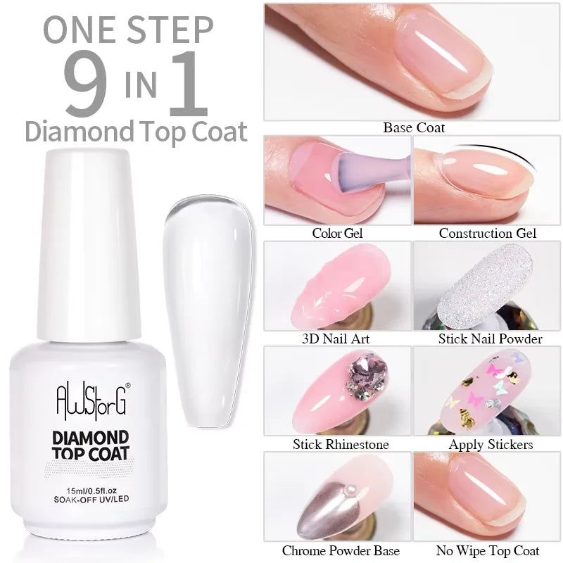 AWStorG 15ML Super Top Coat  Function Gel No Wipe Matte Top Gel Transparent Soak Off  UV LED NailArt Manicure Gel Varnish Primer