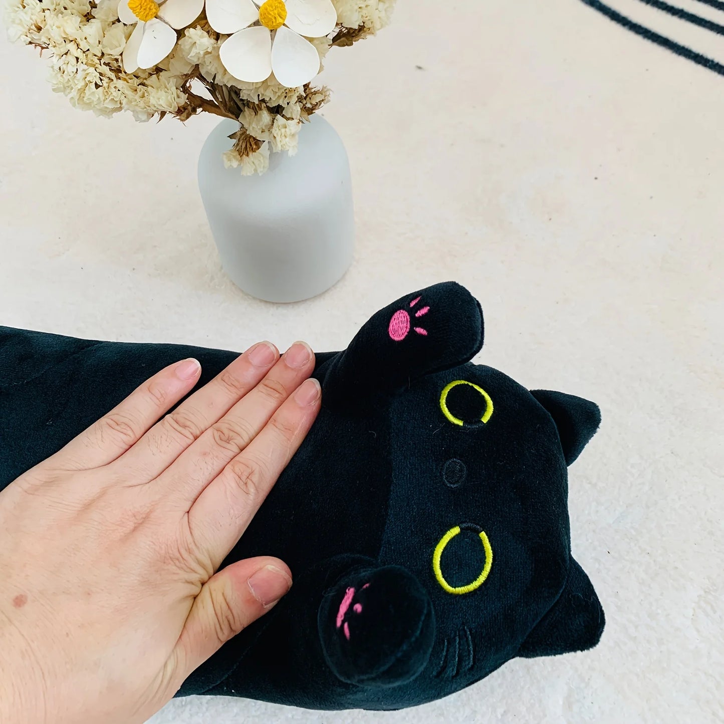 USB Heated Small Black Cat Pillow Heating Pad for Period Cramp 5 Temperature Levels 5 Timer Setting 45cm/17.7" All Season