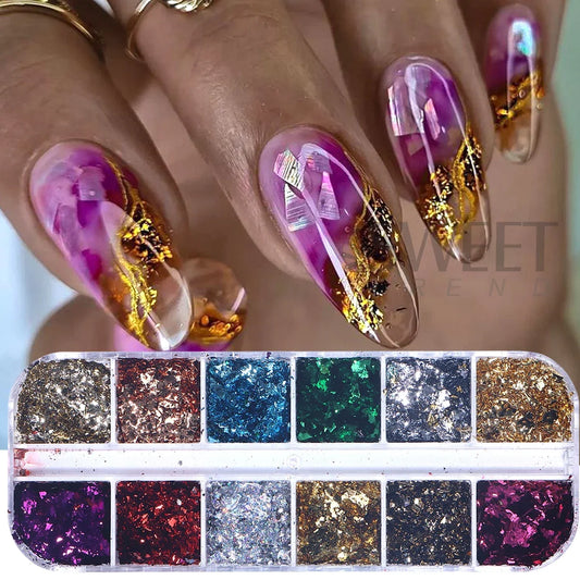 12 Grids Double Color Gold Foils Gorgeous Nail Glitter Sparkles Irregular Random Aluminum Flake Paillette Chip Design Decoration