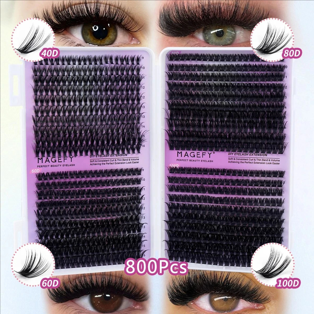 MJ DIY Lashes Extensions Kit 640pcs Lash Clusters 80D/100D Wispy Individual Lashes Mix 9-18mm Cluster Eyelash Extension