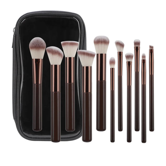 11pcs solid wood handle makeup brush set with Bag three color loose powder brush foundation brush eye shadow brush