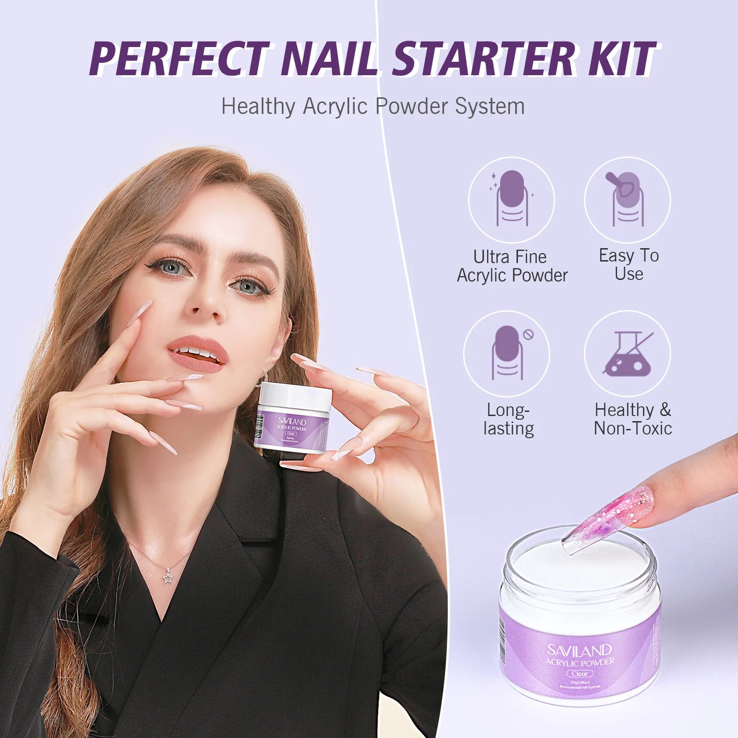 SAVILAND Acrylic Nail Kit Nails Art Decoration Acrylic Powder and Liquid Crystal Nail Glitter 3D Nail Tips Carving Tools