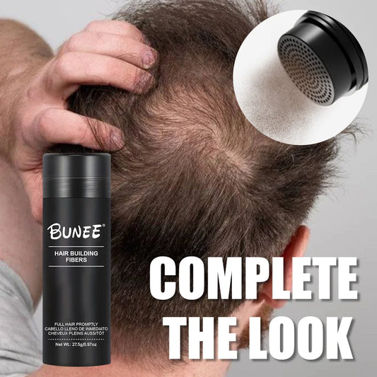 Bunee Hair Fiber Powder 27.5g. Natural & fine, instantly adheres to fill hairlines & partings. Visually boosts volume. For all.
