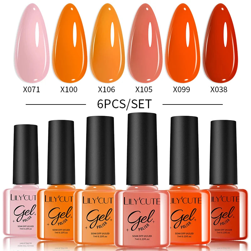 LILYCUE 6Pcs/Set Red Nude Glitter Gel Nail Polish Gorgeous Full Coverage Soak Off UV Gel Nail Art Base Top Coat Gel Polish Kits